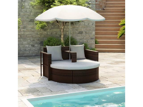 Patio Bed with Parasol Poly Rattan Brown