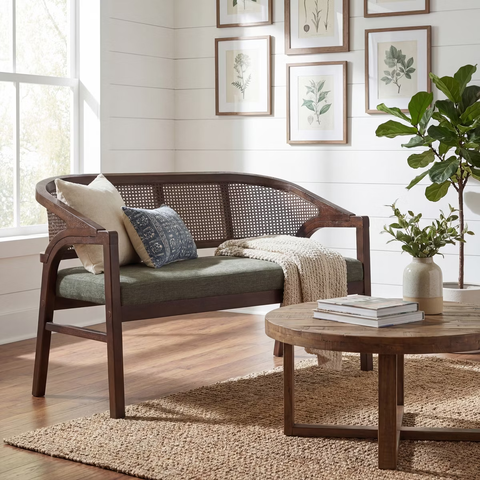 Arvid 46.25" Mid-Century Modern Rubberwood and Cane Curved Loveseat