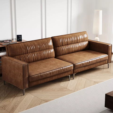 Luck Live 86.61 inch Luxury Brown Oil Wax Leather Couch – High-End Vintage Sofa
