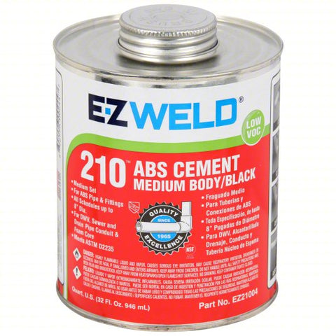 EZ WELD Pipe Cement: 210, 32 fl oz, Brush-Top Can, Black