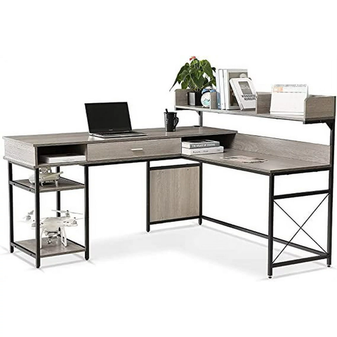 L-Shaped Desk with Large Drawer Home Office Desk with Hutch Corner Desk with Storage Shelves,Study Computer Workstation Desk Space-Saving, Gaming Table (Gray/Black)