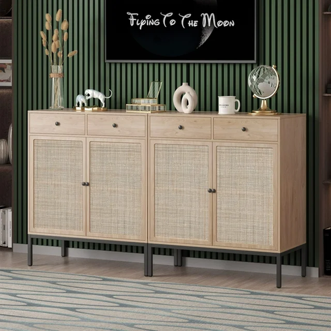 63"Sideboard Storage Cabinet with Handmade Natural Rattan Woven Doors and Drawers