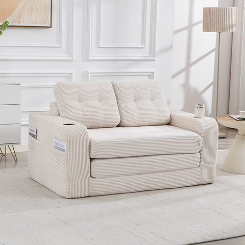 2 in 1 Convertible Sofa Bed, Corduroy Floor Couch with Pillows, Side Pockets