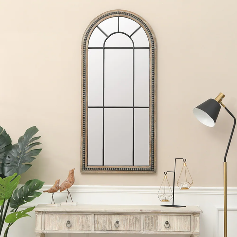 Natural Wood Metal Insert Arched Window Accent Wall Mirror - 47.75" H x 22" W