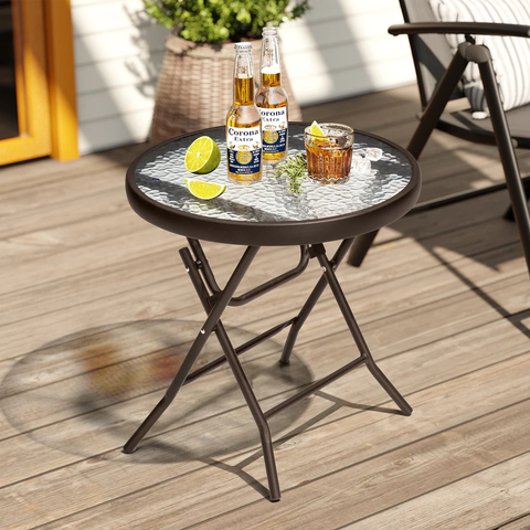 Crestlive Outdoor Side Table Patio Small Folding Table with Tempered Glass Table Top - Brown - 1PC