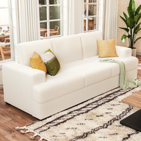 89In Sofa Couch, Modern Sofa With Wood Legs, 3 Seater Comfy Sofa- Deep Seat Couches For Living Room-White Corduroy