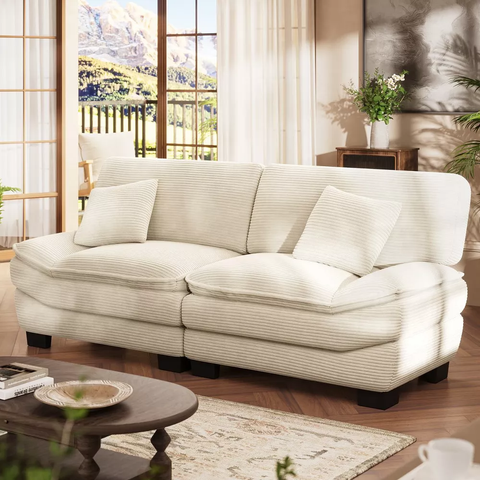 Beige 87" Corduroy Couch with 2 Pillows