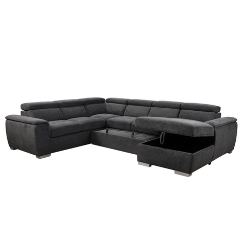 125" U-Shaped 7-seat Modern Sectional Sofa in Dark Gray - Features Adjustable Headrest & Pull-Out Couch Bed with Storage Chaise - Versatile 4-in-1 Design for Living Rooms, Home Office & Guests