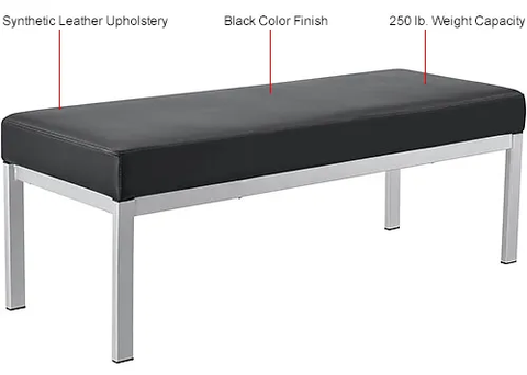 Interion® Synthetic Leather Reception Bench, Black W/ Silver Frame