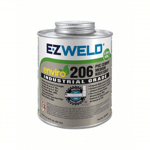 EZ WELD Pipe Cement: Enviro 206 PVC Cement, 8 fl oz, Brush-Top Can, Gray