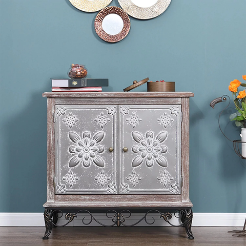 2-Door Distressed Accent Cabinet with Flower Pattern
