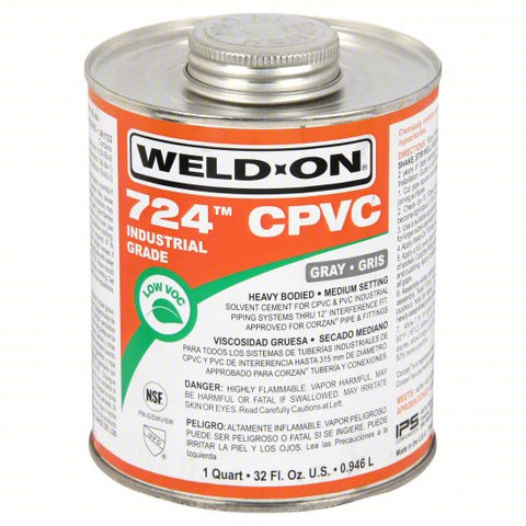 WELD-ON Pipe Cement: 724, 32 fl oz, Brush-Top Can, Gray