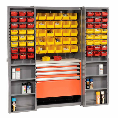 Security Work & Storage Cabinet, 38"Wx24"Dx72"H, 94 bins, 4 drawer sizes
