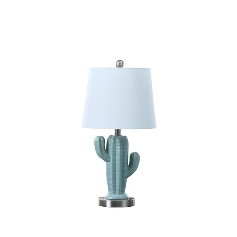 22 in. Southwest Ceramic Cactus Plant Modern Metal Table Lamp, Teal