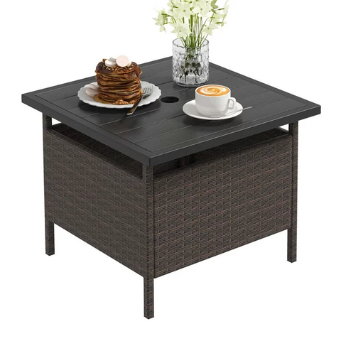 22'' Patio Rattan Square Side End Table Garden Bistro Umbrella Stand Table W/Hole