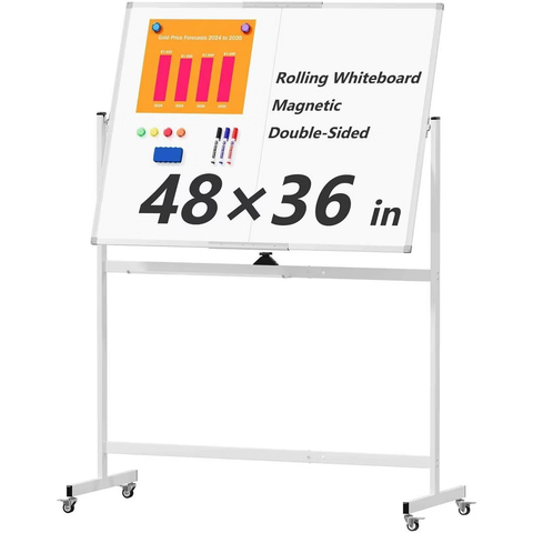 48" x 36" Whiteboard on Wheels, Double-Sided Rolling Whiteboard, Mobile Magnetic Dry Erase Board with Stand and Easel, Silver