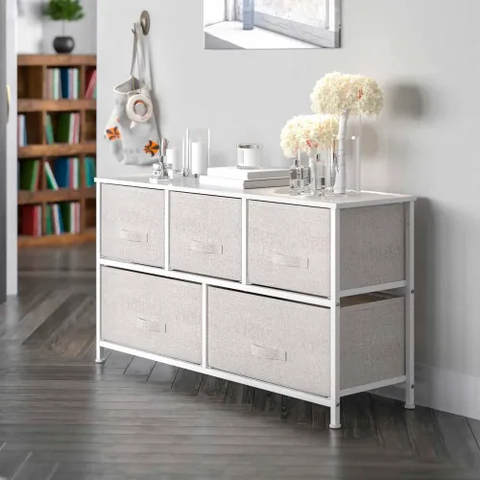 5 Drawer Wood Top Cast Vertical Storage Dresser, Light Gray Fabric Drawers, White