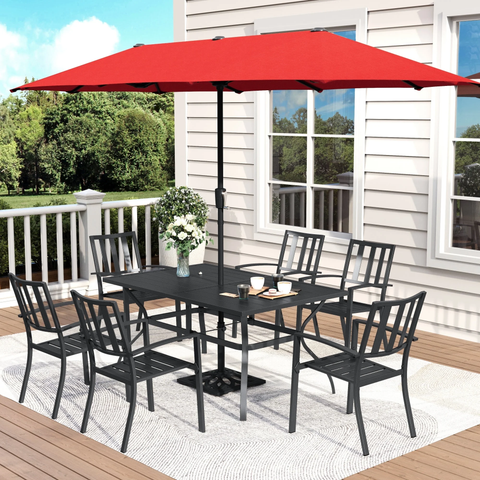 MF Studio 8-Piece Outdoor Patio Dining Set with 13 f Umbrella, Stacking Chairs & 6-Person Table, Black & Red