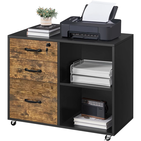 Rolling File Cabinet with 3 Drawers, Black/Rustic Brown