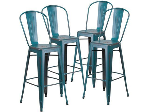 4 Pk. 30'' High Distressed Kelly Blue Metal Indoor Barstool with Back