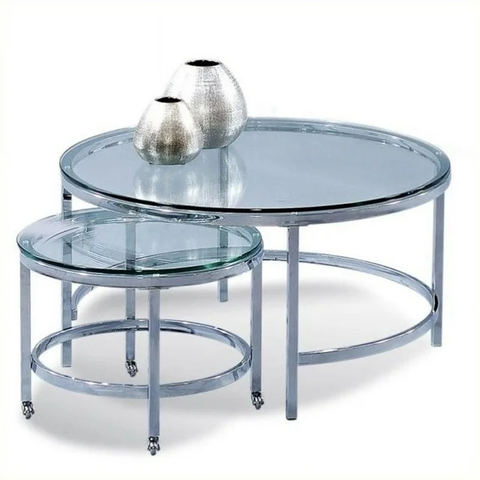 Patinoire Round Cocktail Table on Casters in Chrome and Glass