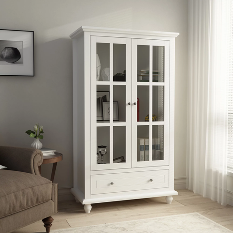 Freestanding Kitchen Pantry with Glass Doors and Drawer