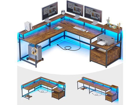 L Shaped Desk, 66" Home Office Desk with File Drawer & Power Outlet