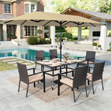 Summit Living Set of 8 Outdoor Patio Dining Set with 13 ft Patio Umbrella, 6 Wicker Chairs & Rectangular Wood-Like Table