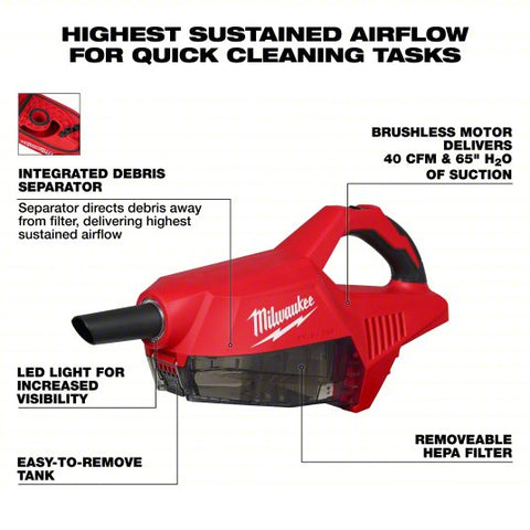 MILWAUKEE Handheld Vacuum: 40 cfm Air Flow, 3.7 lb Wt, 84 dB Sound Level, 1/4 gal Vacuum Capacity
