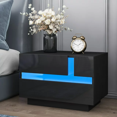 Nightstand Modern LED Side Table for Bed 2 Drawers Nightstand Black Night Stand Side Table for Bedroom