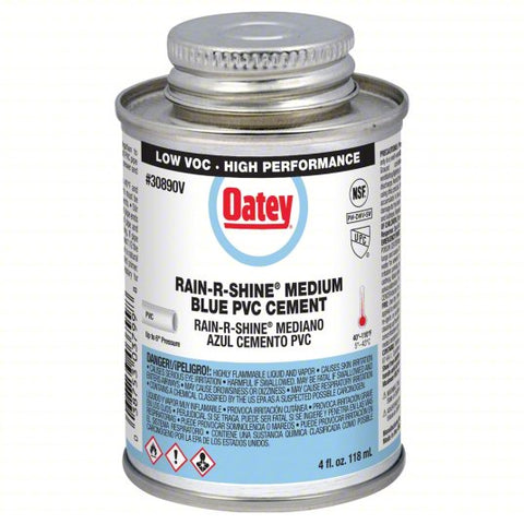 OATEY Pipe Cement: Rain-R-Shine, 4 fl oz, Brush-Top Can, Blue