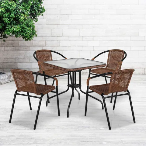 Square Glass Outdoor Dining Table Set w/ 4 Rattan Stack Chairs, Dark Brown