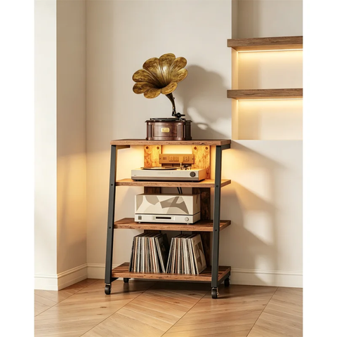4-Tier AV Media Stand with Wheels, Power Strip & LED Lights, Audio Cabinet Rack Tower, Rustic Brown