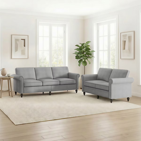 2 Piece Living Room Sofa Set with Rivet Design, Linen Fabric W 76''3-Seater Sofa Couch with W53''Loveseat Sofa