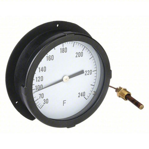 Analog Panel Mount Thermometer: 30° to 240°F, 6 in Dial Dia, 1/2 in MNPT with 5 ft Cable