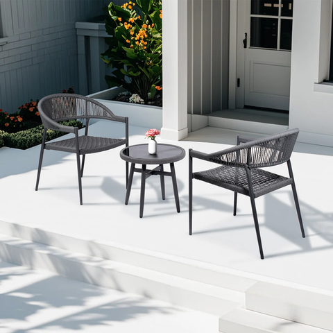 3 Piece Rattan Seating Group， 2 chairs with table, Grey