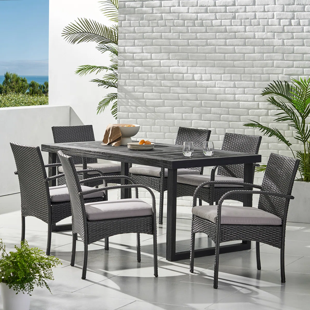 Set Cofer Cofer 6 - Person Acacia Wicker Patio Dining Set with Rectangular Table ...