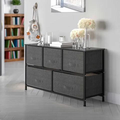 5 Drawer Wood Top Cast Vertical Storage Dresser, Dark Gray Fabric Drawers, Black