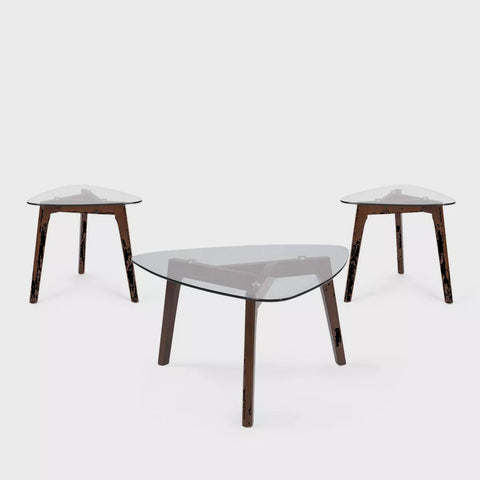 Wasco Mid-Century Modern Coffee Table and 2 End Tables with Glass Top Walnut - : Durable 3-Piece Set