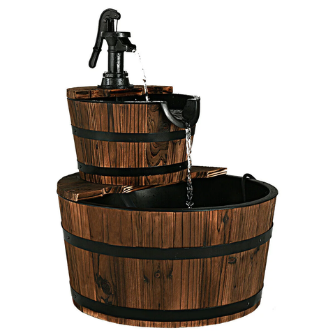 2 Tier Barrel Waterfall Fountain Barrel Wooden Water Fountain Pump Outdoor Garde