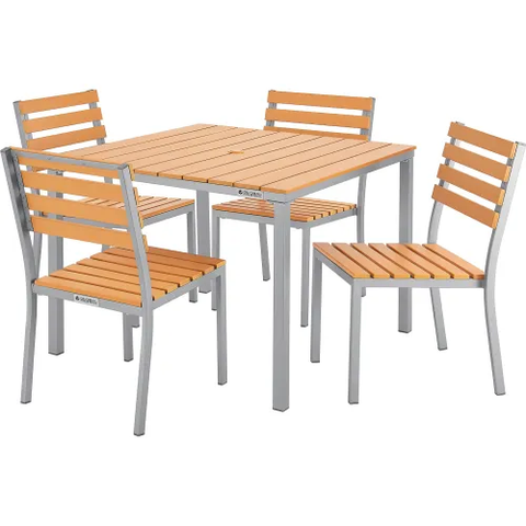 Resin Outdoor Dining Table & Chair Set, 40" Square, 4 Armless Chairs, Tan