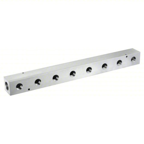 Manifold: Inline, 6061 Aluminum, 8 Outlets, 1 in Female NPT inlet, 3/4 in Female NPT Outlet