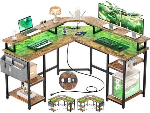L Shaped Gaming Desk with Power Outlets & LED Lights