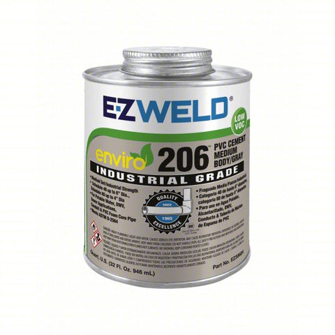 EZ WELD Pipe Cement: Enviro 206 PVC Cement, 32 fl oz, Brush-Top Can, Gray