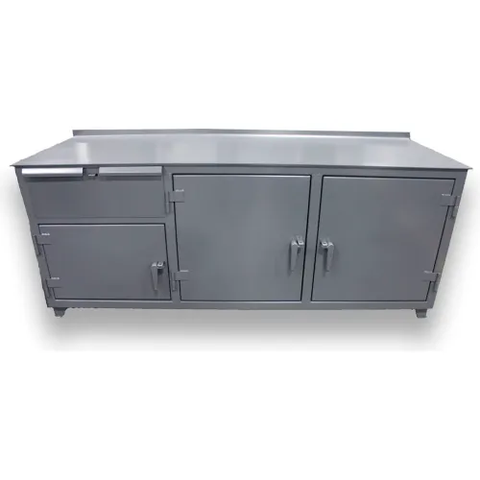 Strong Hold® Extreme Duty Workbench w/ 1 Drawer, 3 Shelves, 108"W x 30"D x 36"H, Dark Gray