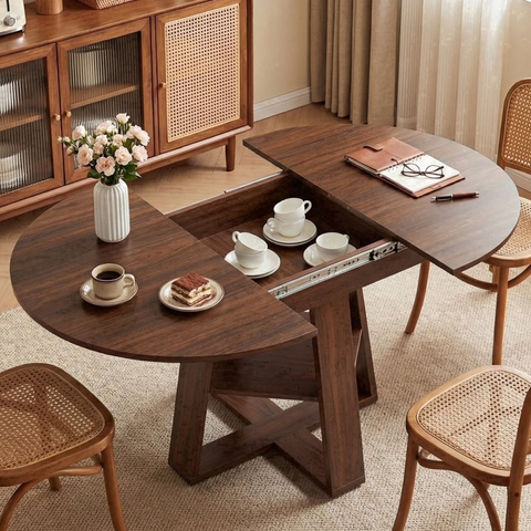 EDX 43.3″–59″ Extendable Round Dining Table for 4-6, Modern Oval Dining Table with Removable Leaves, Wooden Kitchen Table with Storage Shelf Base