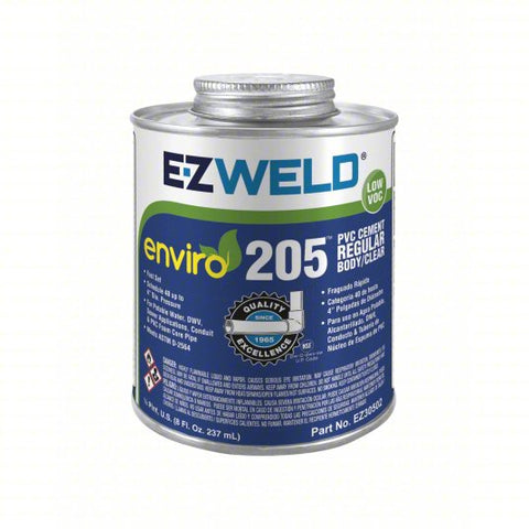 EZ WELD Pipe Cement: Enviro 205 PVC Cement, 8 fl oz, Brush-Top Can, Clear