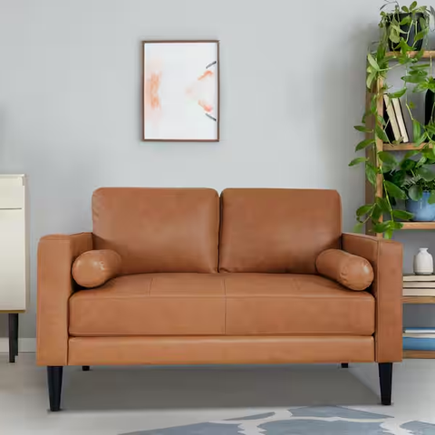 73.23 in. Mid - Century Square Arm Genuine Leather Rectangle Sofa in Tan