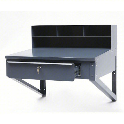 Wall-Mounted Shop Desk: 34 1/2 in Overall Wd, 37 1/2 in Overall Ht, Lockable, Gray