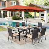 Summit Living Set of 8 Outdoor Patio Dining Set with 13 ft Patio Umbrella, 6 Wicker Chairs & Rectangular Wood-Like Table